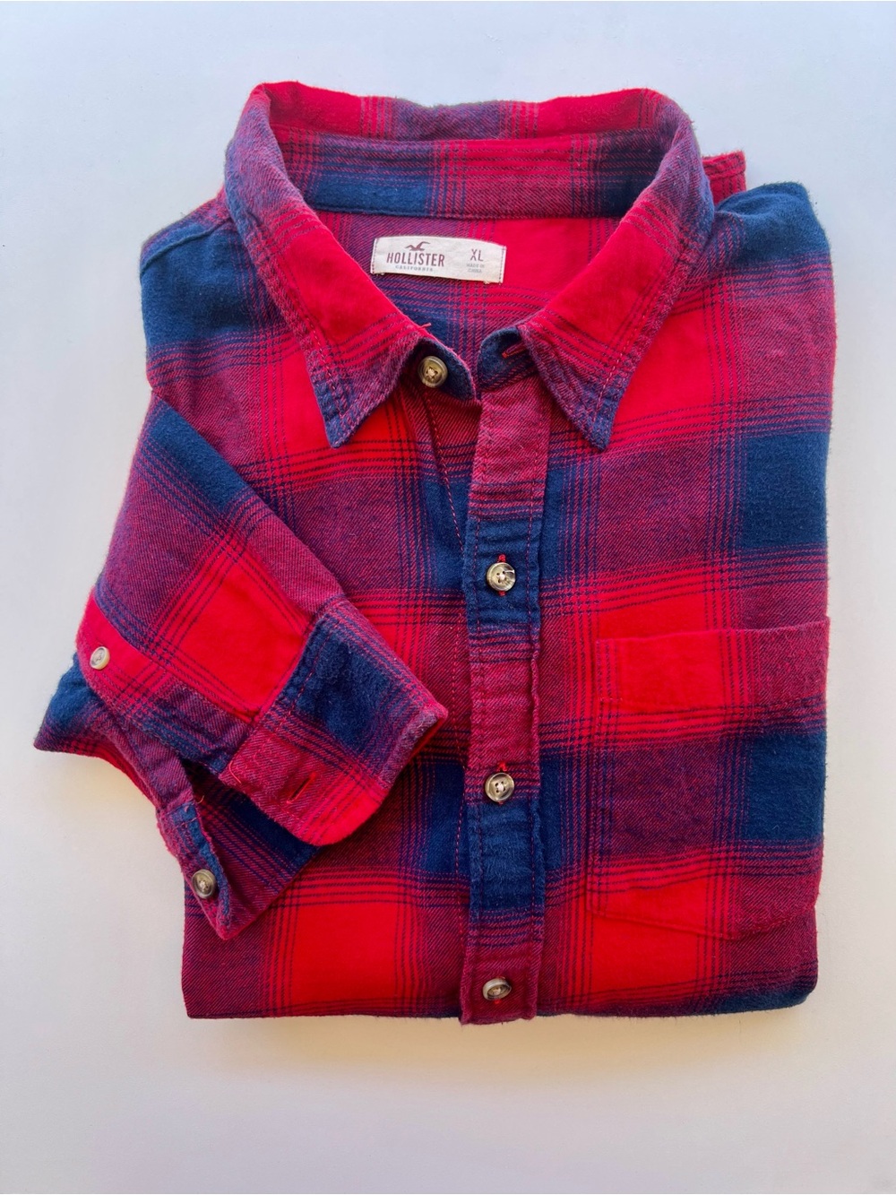 Hollister Red and Navy Plaid Button-Down Shirt